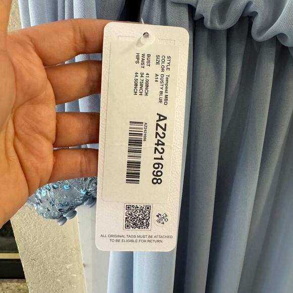 NWT Azazie Tempest Formal Dress Dusty Blue Lace Sequin Elastic Waist Maxi Sz 18 - Picture 8 of 9